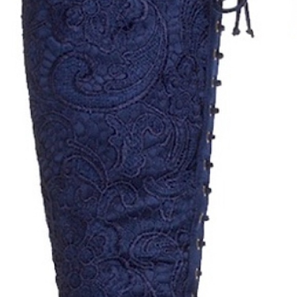 Anika Navy Blue Suede and Lace Stiletto Boots Lace Up Front Detail Side Full Zip - Picture 12 of 14